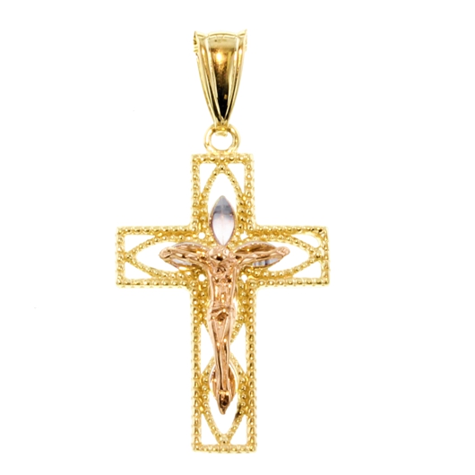 9ct tri colour Gold Crucifix pendant diamond cut