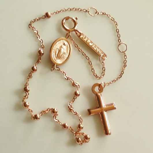 9ct rose Gold rosary beads bracelet Italy. Miraculous medal cross