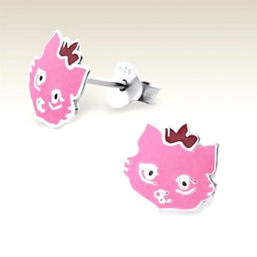 Cat stud Earrings Sterling Silver pink