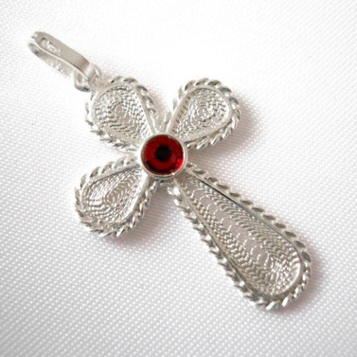 Sterling Silver filigree Cross pendant Red