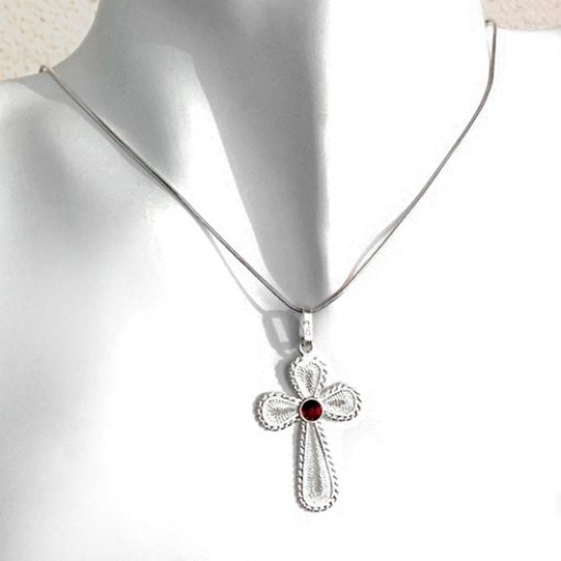 Sterling Silver filigree Cross pendant Red