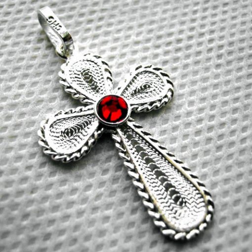 Sterling Silver filigree Cross pendant Red