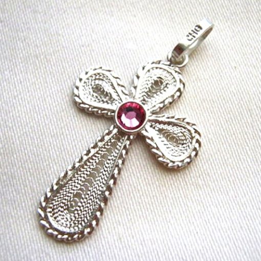 Sterling Silver filigree Cross pendant Pink