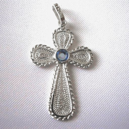 Sterling Silver filigree Cross pendant blue