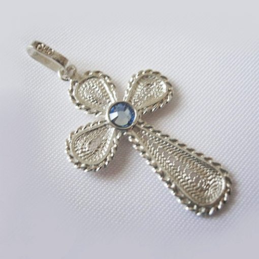 Sterling Silver filigree Cross pendant blue