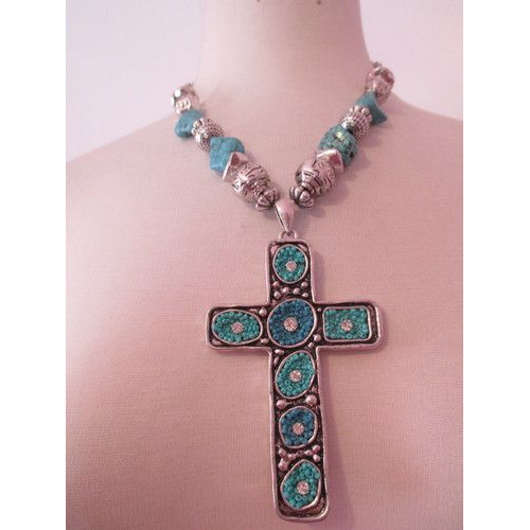 Vintage silver turquoise cross pendant Southwestern jewelry Catholic gift