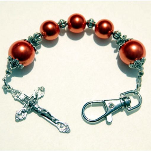 Rosary keychain faux Pearls orange