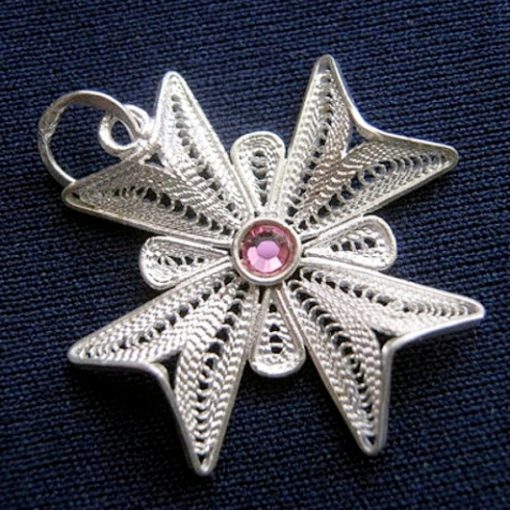 Maltese Cross filigree pendant Sterling Silver 2.5cm pink