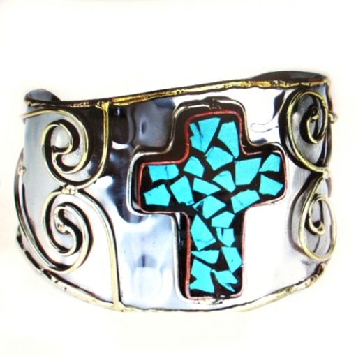 Cross cuff bracelet Turquoise tri colour metal