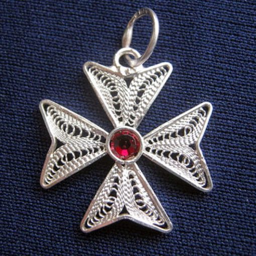 Maltese Cross filigree pendant Sterling Silver 2cm red