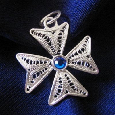 Maltese Cross filigree pendant Sterling Silver 2cm dark blue