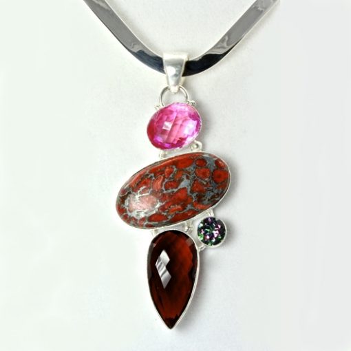 Sterling Silver necklace pendant Garnet Jasper Mystic Topaz