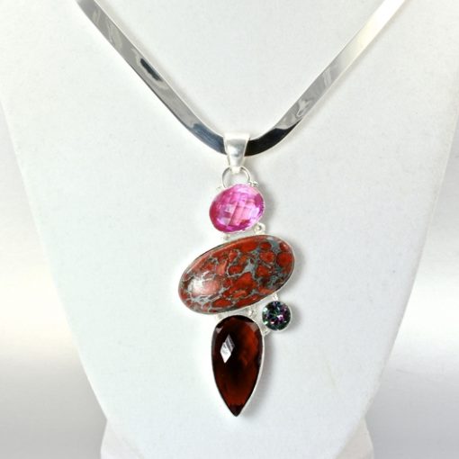 Sterling Silver necklace pendant Garnet Jasper Mystic Topaz