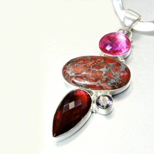 Sterling Silver necklace pendant Garnet Jasper Mystic Topaz