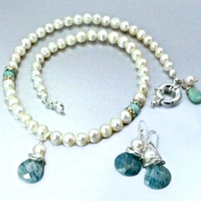 Pearl necklace earrings set Aquamarine Sterling Silver