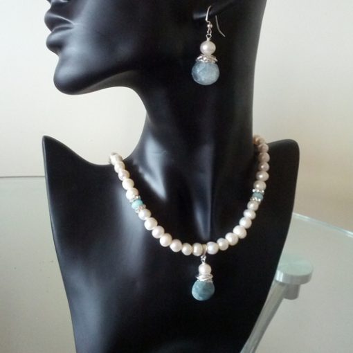 Pearl necklace earrings set Aquamarine Sterling Silver