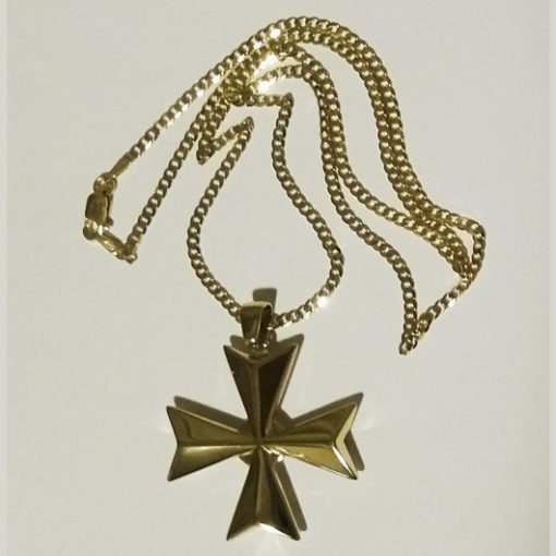 9ct Gold Maltese Cross 3D pendant with Curb diamond cut chain