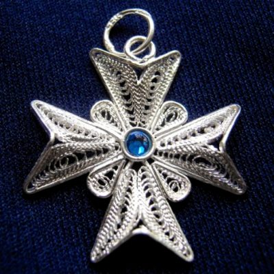 Maltese Cross filigree pendant Sterling Silver 2.5cm dark blue