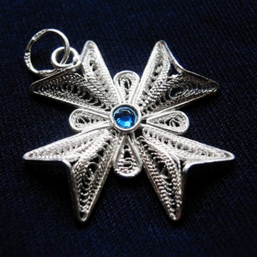 Maltese Cross filigree pendant Sterling Silver 2.5cm sapphire blue