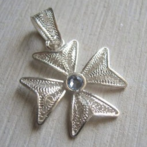 Maltese Cross filigree bail pendant Sterling Silver 2cm light Blue