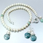 pearl necklace and earrings set with Aquamarine