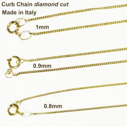 9ct Gold Curb diamond cut chain Italy 0.8mm, 0.9mm, 1mm