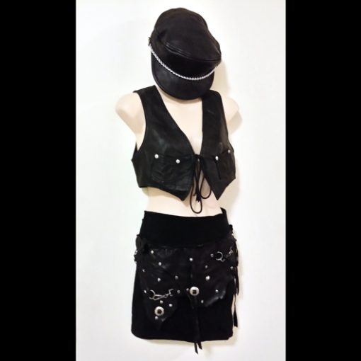 Leather hat top skirt Vintage clothing 3 piece outfit