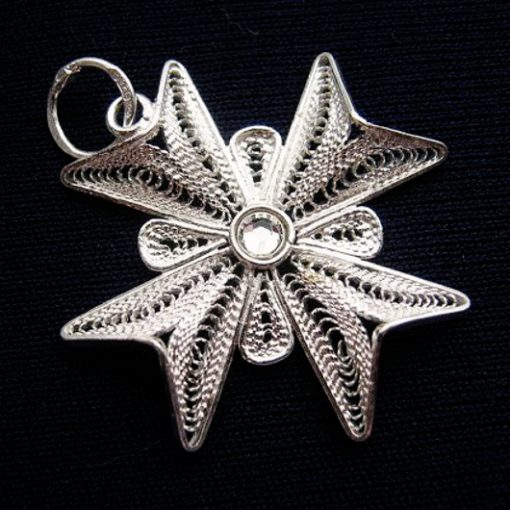 Maltese Cross filigree pendant Sterling Silver 2.5cm clear