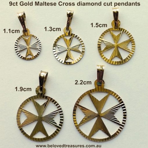 9ct Gold Maltese Cross diamond cut circle pendants 5 sizes