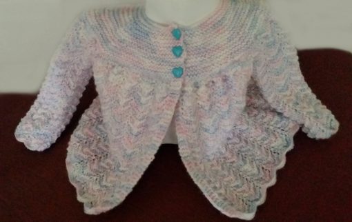 Hand knit baby cardigan 4 ply soft wool white blue pink