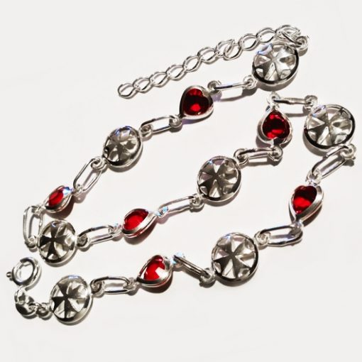 Sterling Silver Anklet double sided Maltese Cross red crystal