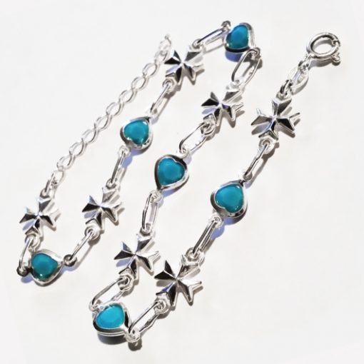 Sterling Silver Anklet Maltese Cross turquoise blue hearts