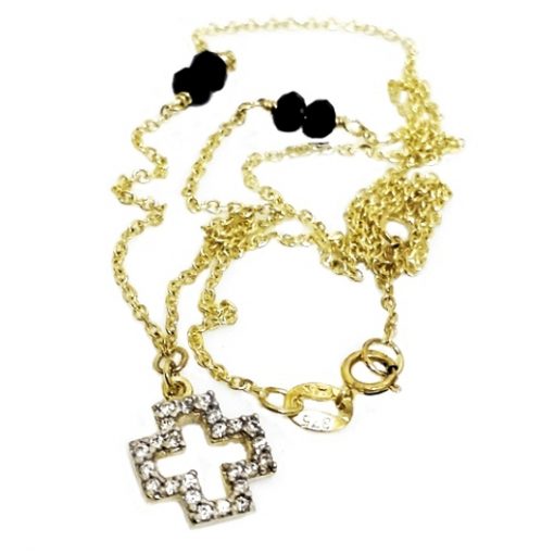 9ct Gold diamond cut necklace Cross black beads