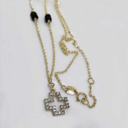 9ct Gold diamond cut necklace Cross black beads