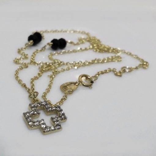 9ct Gold diamond cut necklace Cross black beads