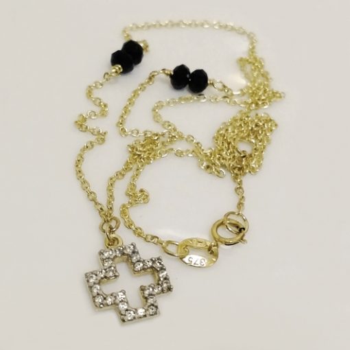 9ct Gold diamond cut necklace Cross black beads