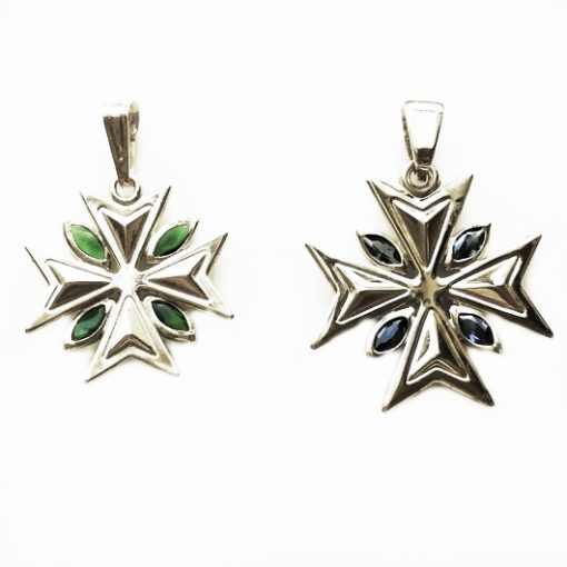 Maltese Cross pendant Sterling Silver 1.8cm green, 2.2cm blue