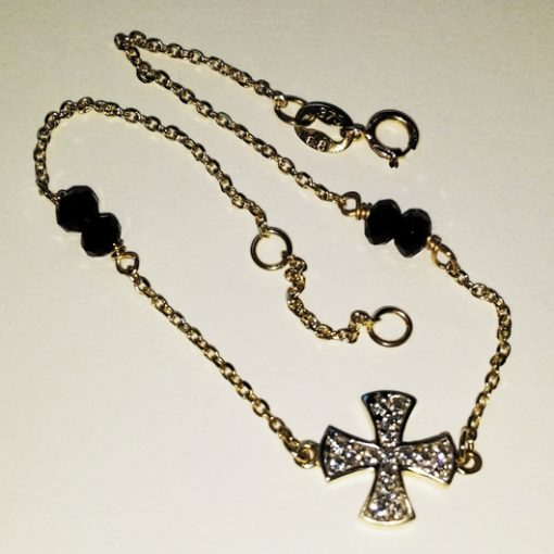 9ct gold bracelet Maltese Cross black beads and zirconia