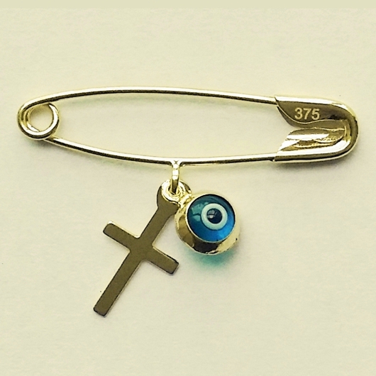 9ct Gold baby pin brooch Lucky evil eye Cross