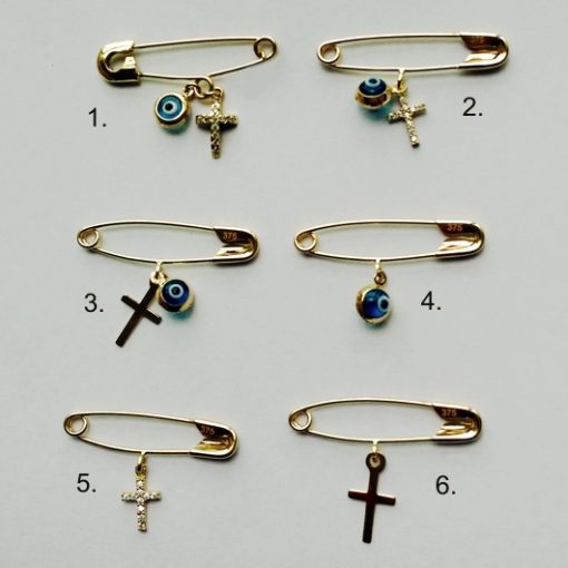 9ct Gold baby pin brooch Lucky evil Eye and Cross