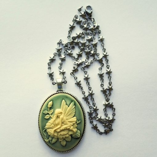 Cameo necklace Garden Fairy ivory and green with Star chain