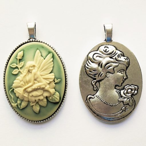 Cameo necklace Garden Fairy ivory and green double sided