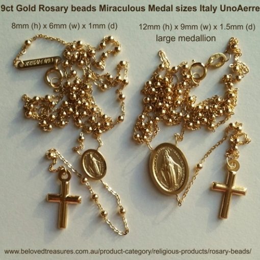 9ct Gold rosary beads necklaces small and large Miraculous medal sizes