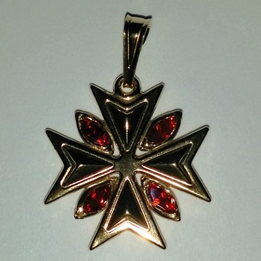 9ct Gold Maltese Cross pendant 1.8cm marquis stones Red