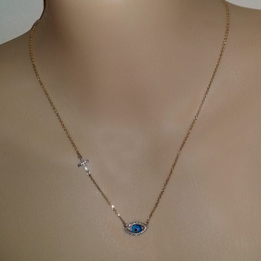 9ct Gold evil eye double sided necklace Marquise cross