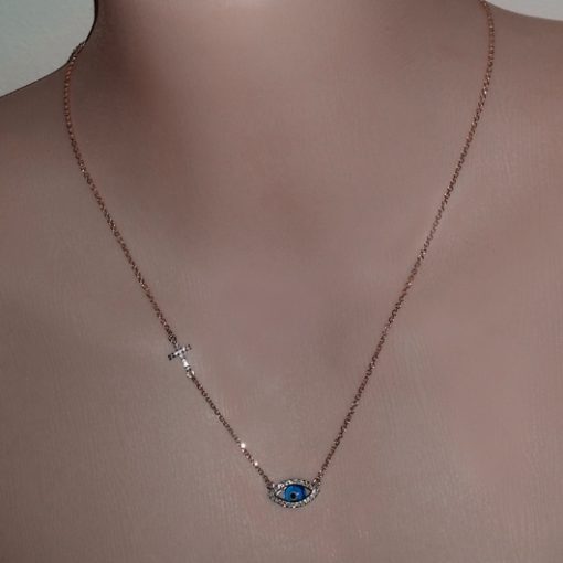 9ct rose Gold evil eye double sided necklace Marquise cross