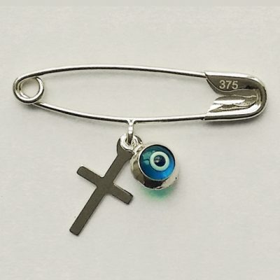 9ct white Gold baby pin brooch Lucky evil eye Cross