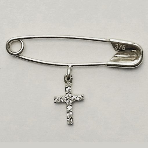 9ct white Gold baby pin brooch Cross zirconia