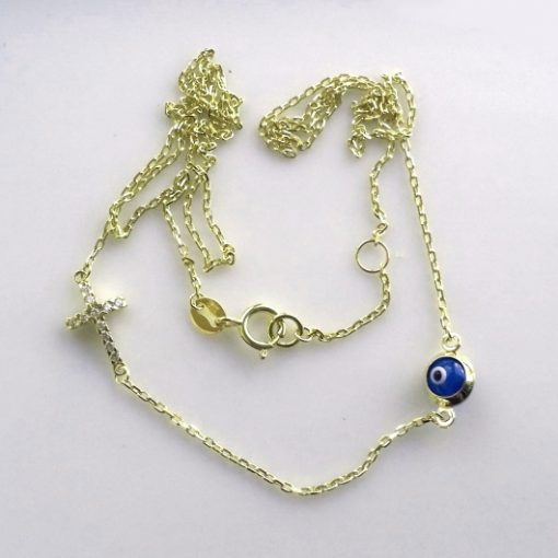 9ct Gold necklace evil eye mati Cross cz