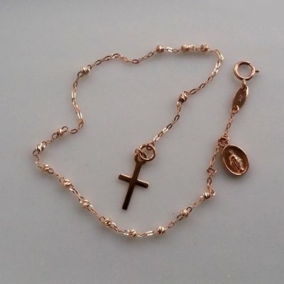 9ct rose Gold bracelet beads diamond cut Cross Medallion